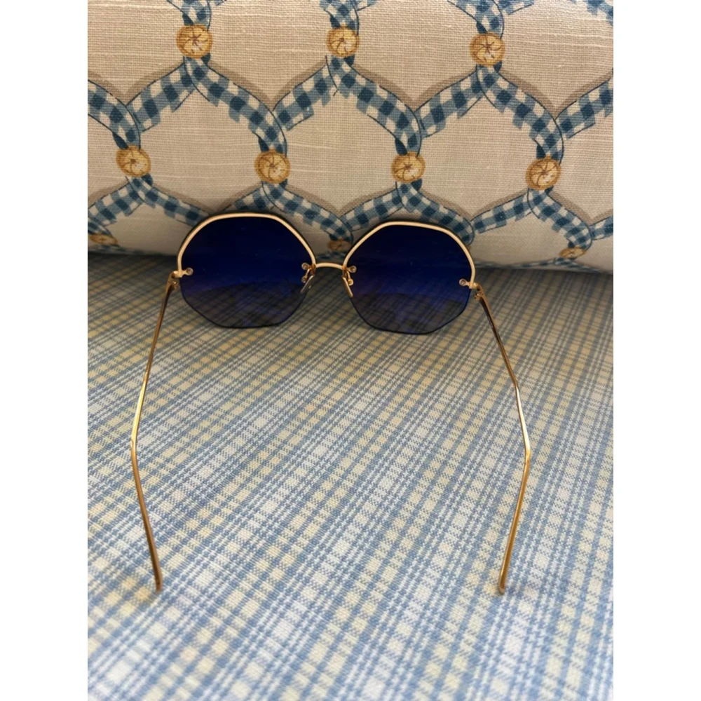 New LINDA FARROW Blue Gold Rimless Round Sunglasses